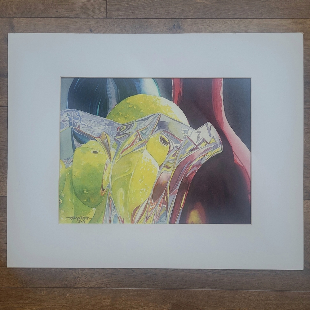 Realism Watercolor Painting of Still Life. Glass Vessels and Fruit. 15" X 11"